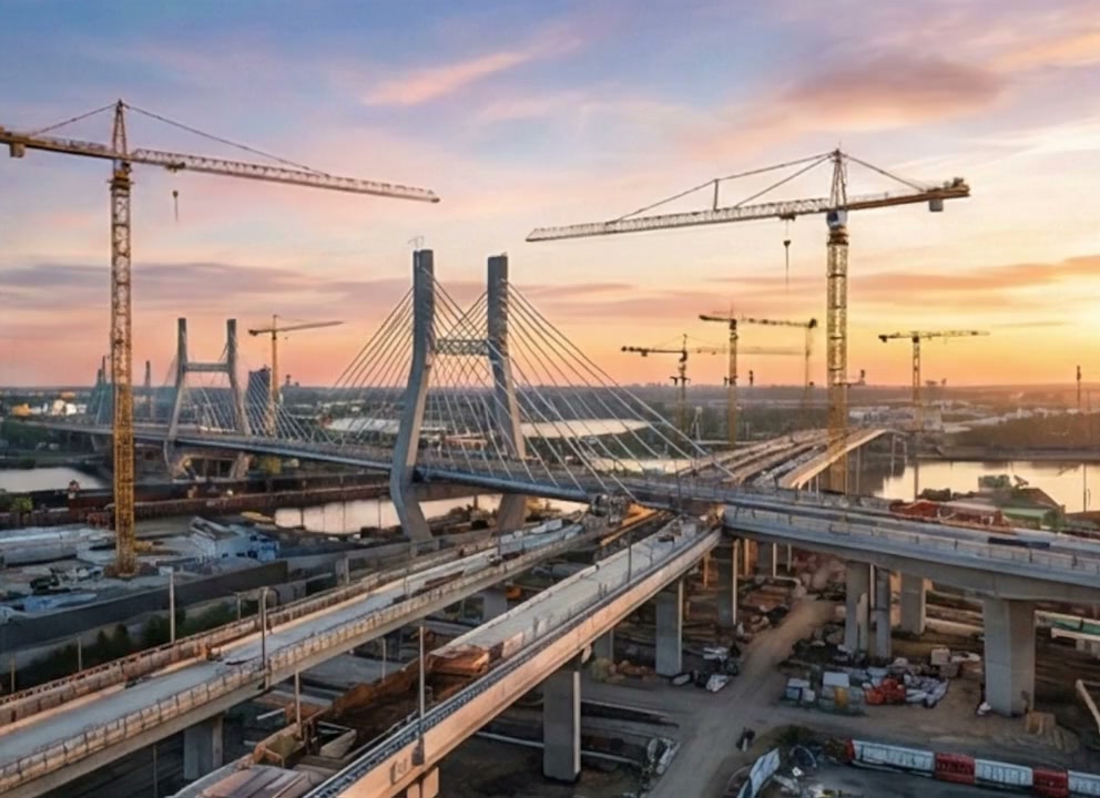 Major infrastructure construction site at sunset