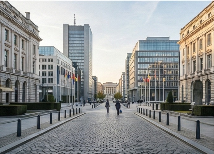 European institutional street with public buildings