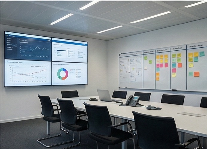 Project governance meeting room with dashboards and workflow boards