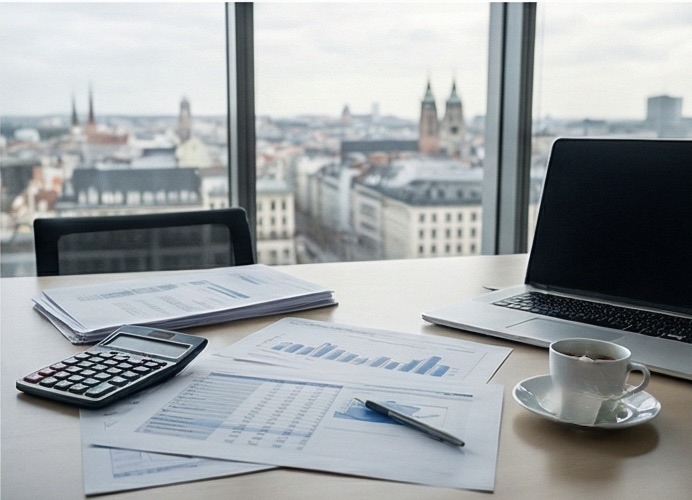Financial analysis desk with reports and calculator overlooking city skyline