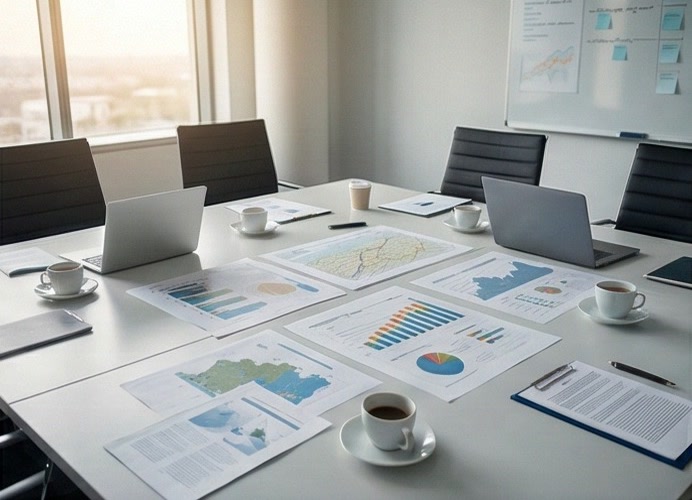 Market and policy intelligence documents in a strategy room
