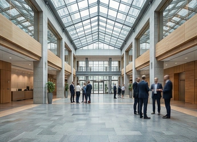 Professional networking in a modern institutional atrium